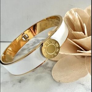New Port Roman Numerals Bangle Hinged Bracelet Elegant Gold & White Enamel 12mm